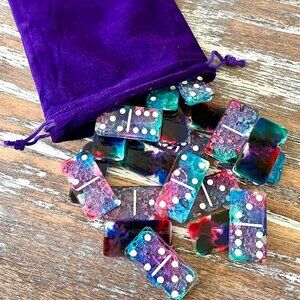 Tie-Dye Alcohol Ink Resin Dominoes Game with Velvet Bag 28 pieces Handmade Gift